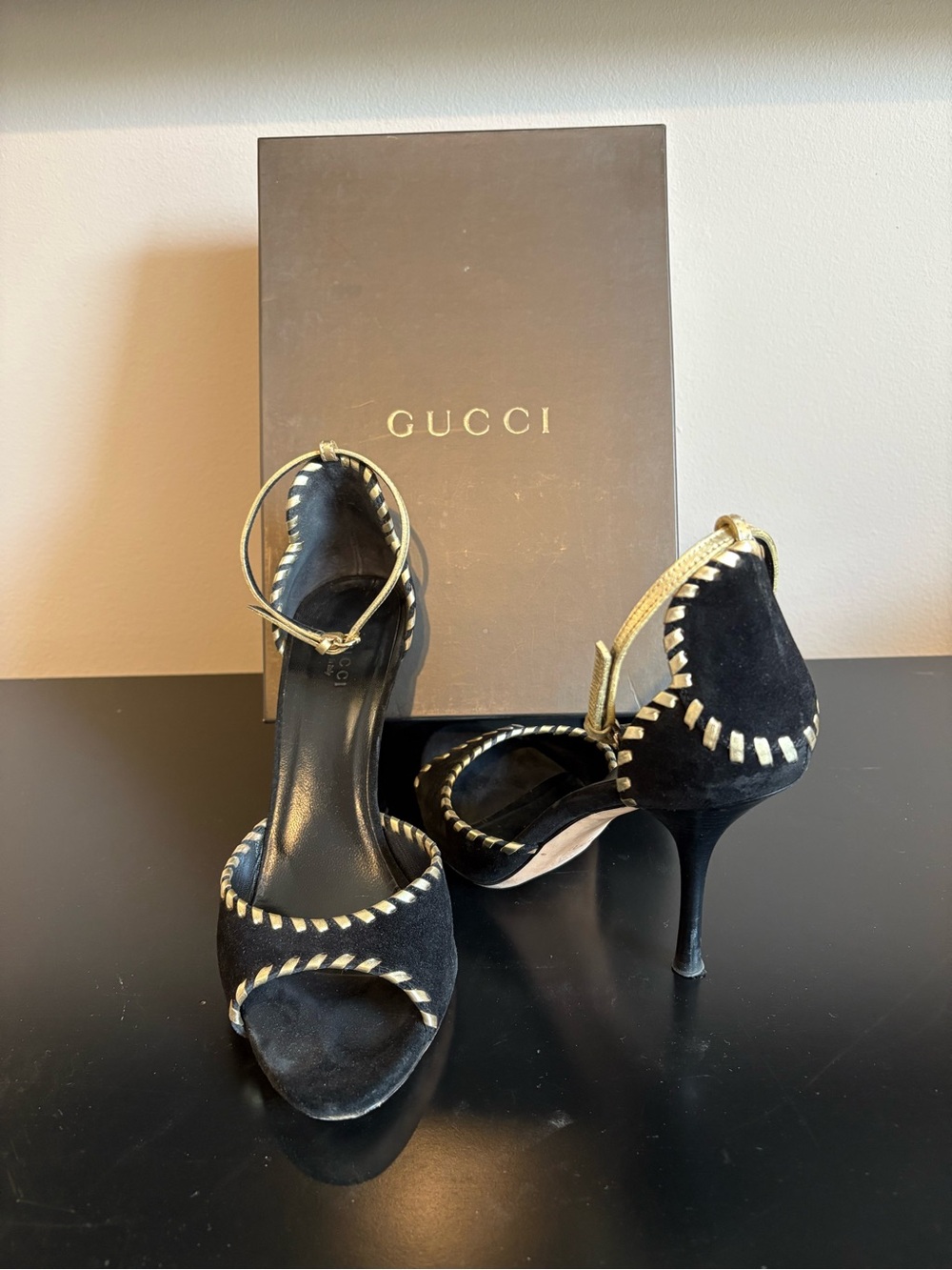 Gucci Black Suede Open-Toe Heels with Gold Trim Stitching